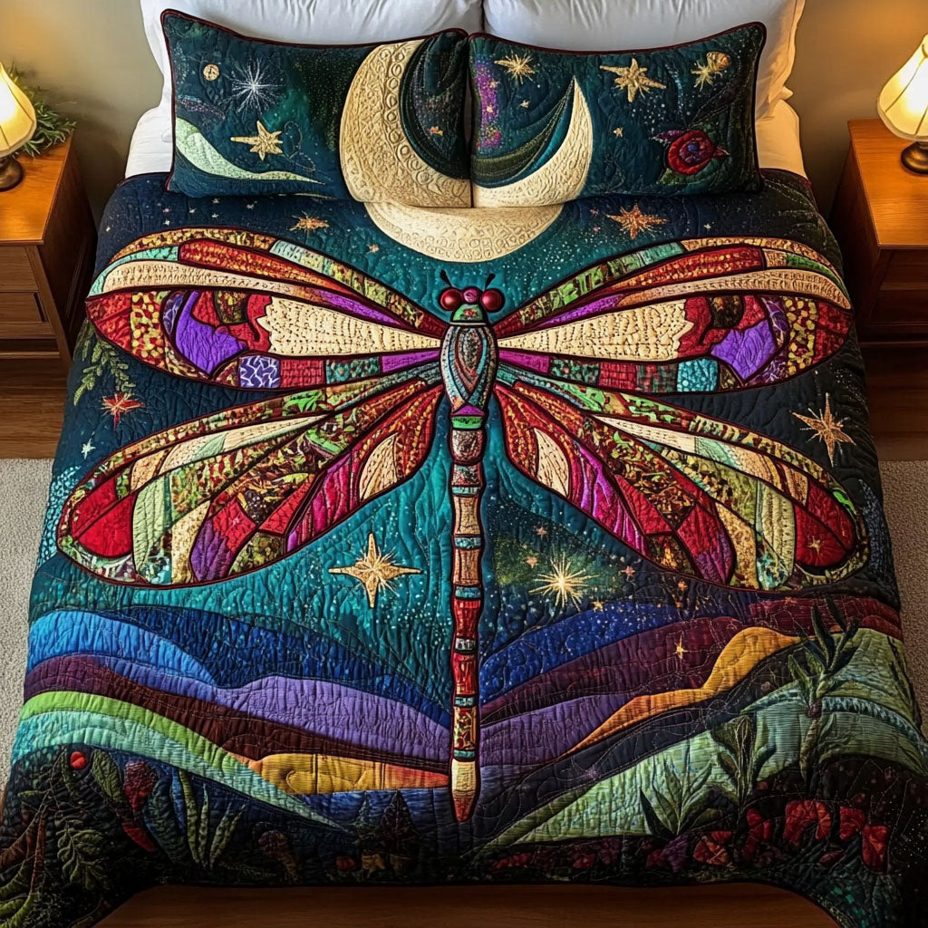 Dragonfly Glow Quilted Bedding Set Dragonfly Garden Bedspread Set Nature Lover Gift