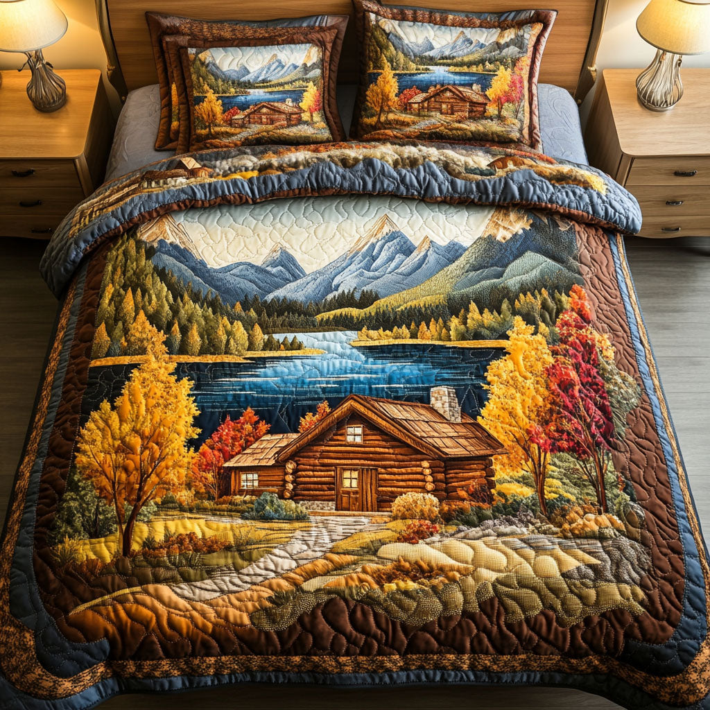 Mountain Lake Autumn Quilted Bedding Set Rustic Fall Bedspread Set Gift For Mom