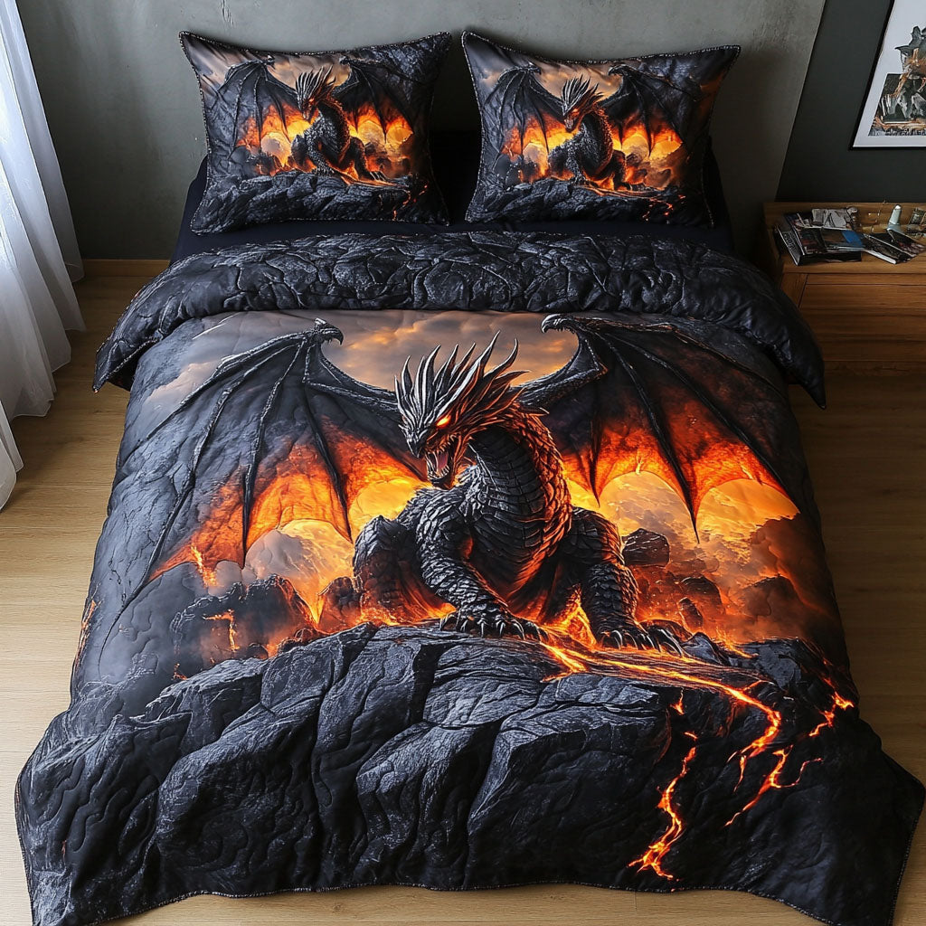 Inferno Dragon Quilted Bedding Set Book Dragon Bedspread Set Book Lover Gift