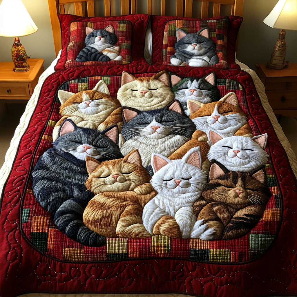 Charming Cats Quilted Bedding Set Cute Kitty Bedspread Set Gift For Cat Lovers