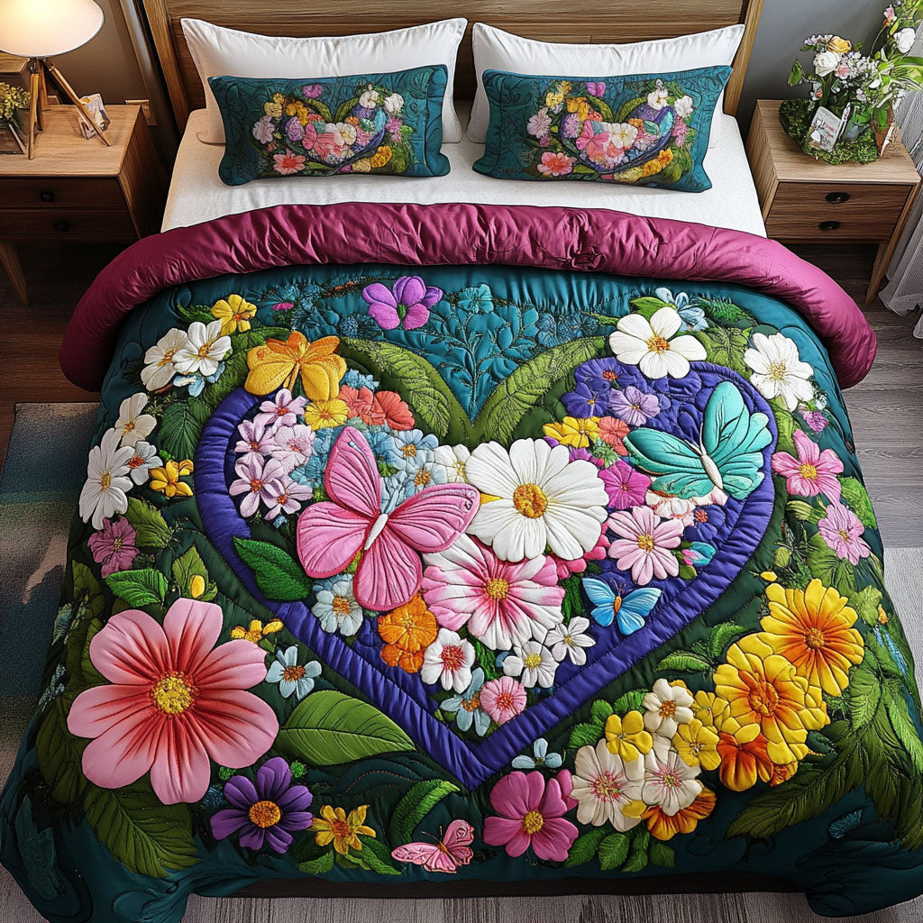 Butterfly Bloom Quilted Bedding Set Vintage Floral Bedspread Set Gift For Her