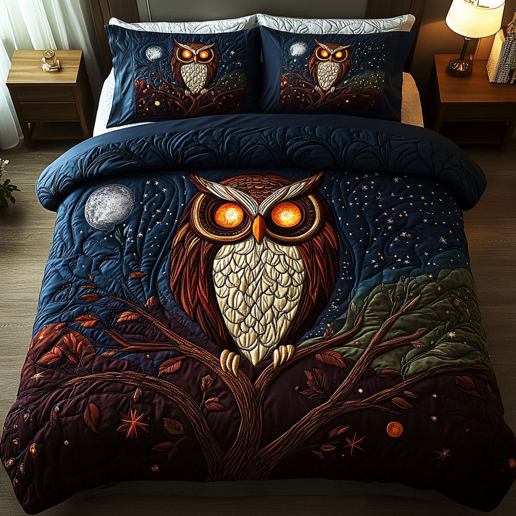 Twilight Watcher Quilted Bedding Set Woodland Owl Bedspread Set Nature Lover Gift