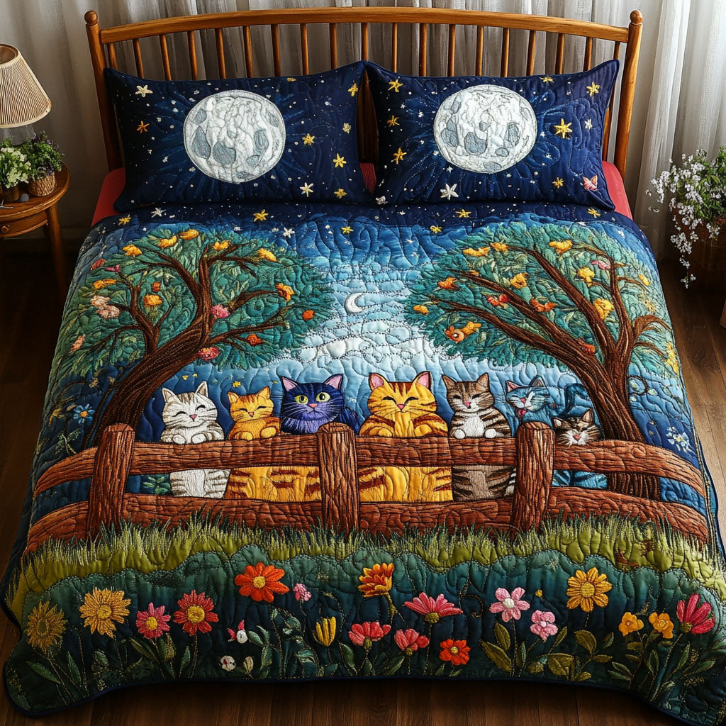 Curious Cat Quilted Bedding Set Black Cat Bedspread Set Pet Lover Gift