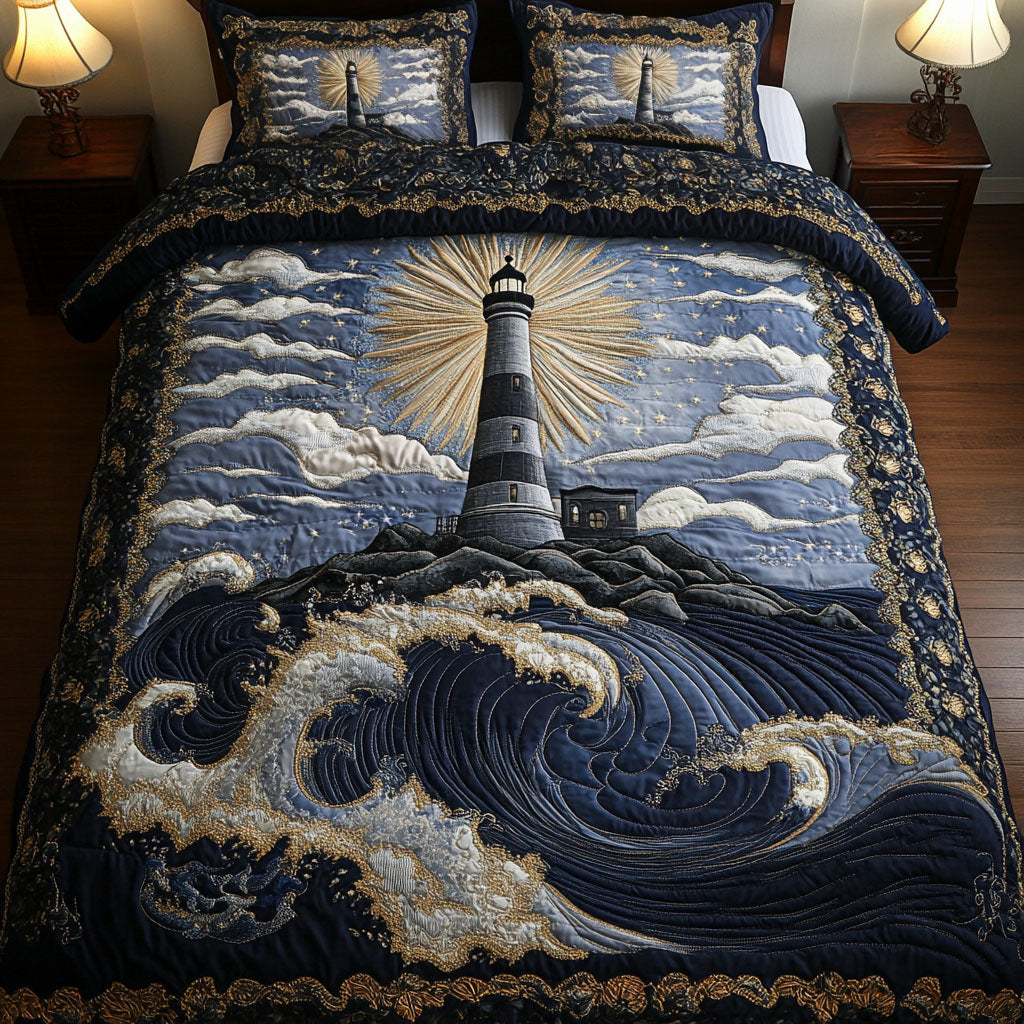 Midnight Lighthouse Glow Quilted Bedding Set Nautical Beach Bedspread Set Gift For Beach Lovers