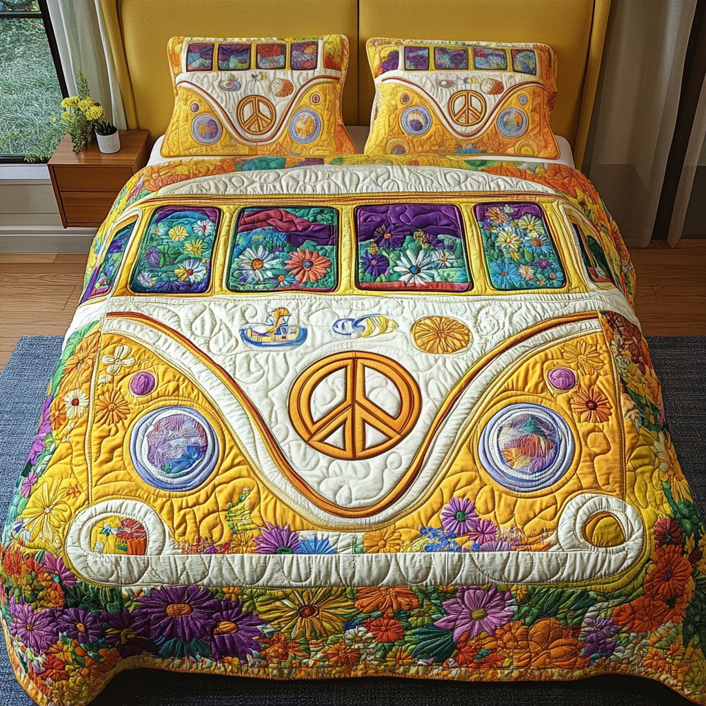 Peace Ride Quilted Bedding Set Groovy Peace Bedspread Set Road Trip Lover Gift