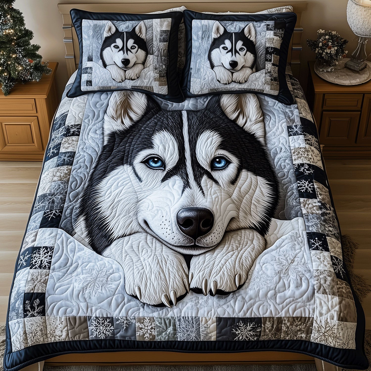 Husky Snowstorm Quilted Bedding Set Husky Dog Bedspread Set Gift For Dog Lovers