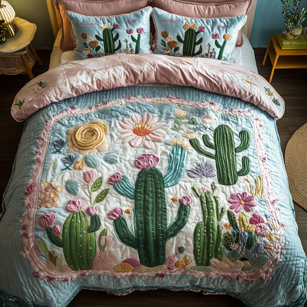 Cactus Bloom Quilted Bedding Set Boho Floral Bedspread Set Gift For Her