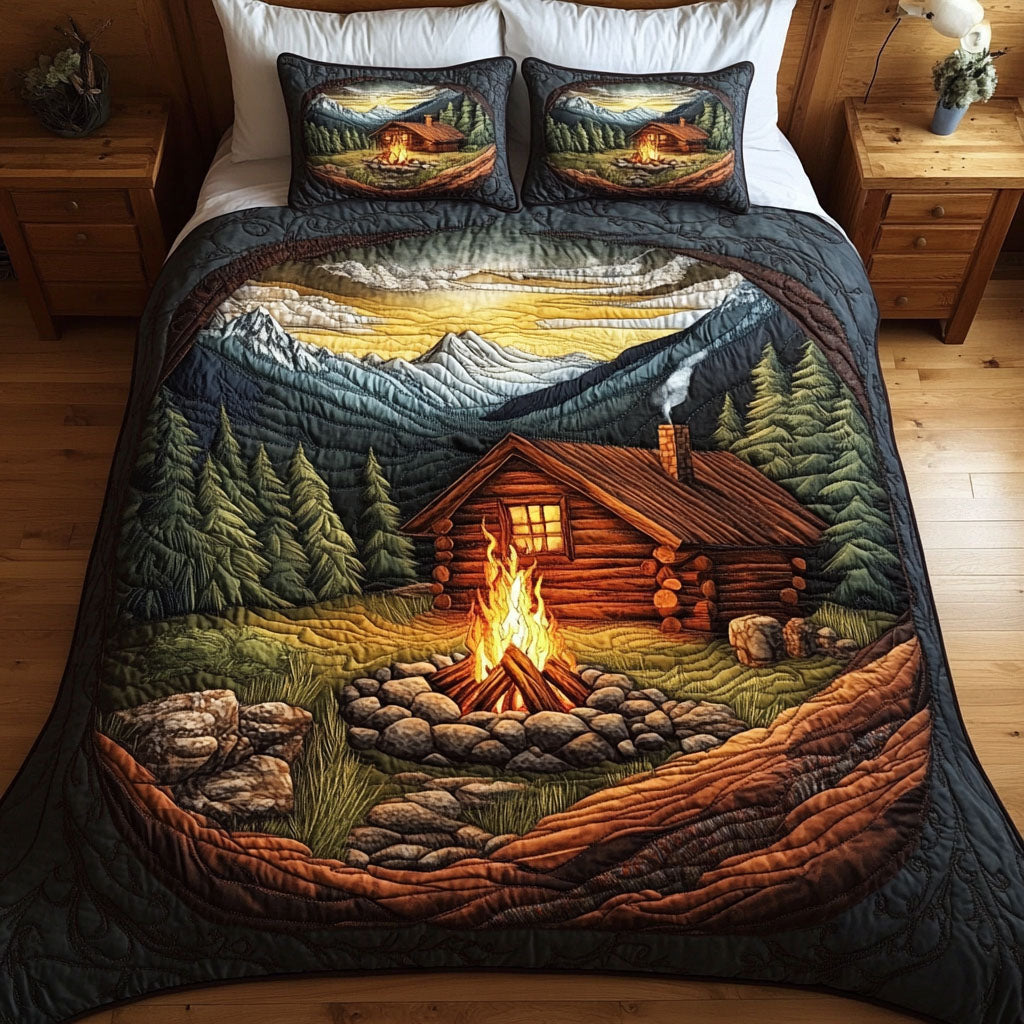 Cabin Fireplace Quilted Bedding Set Rustic Cabin Bedspread Set Lake House Gift