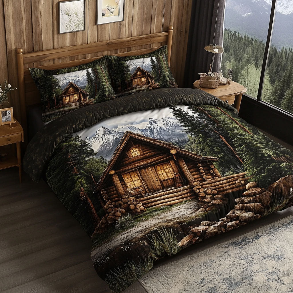 Mountain Log Cabin Quilted Bedding Set Rustic Cabin Bedspread Set Outdoor Lover Gift