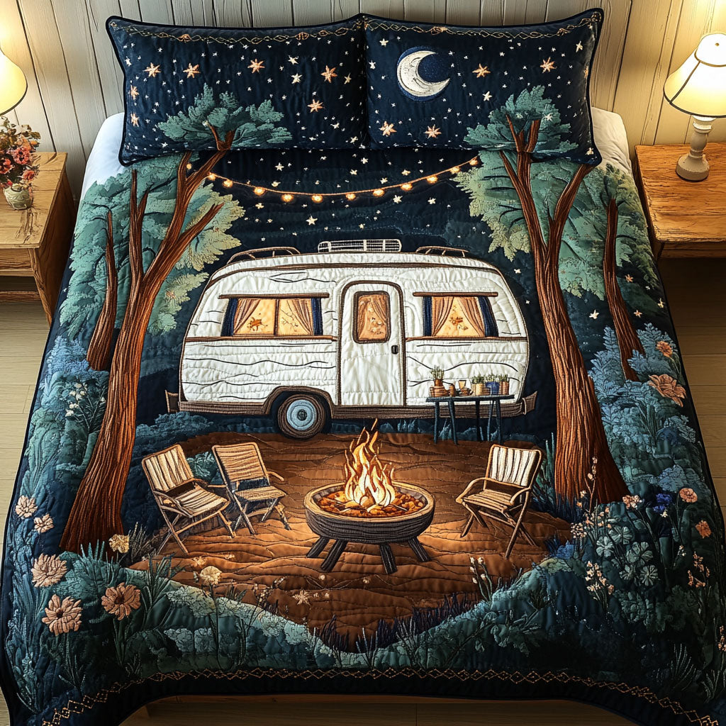 Moonlit Camper Quilted Bedding Set Cabin Lodge Bedspread Set Cabin Decor Gift