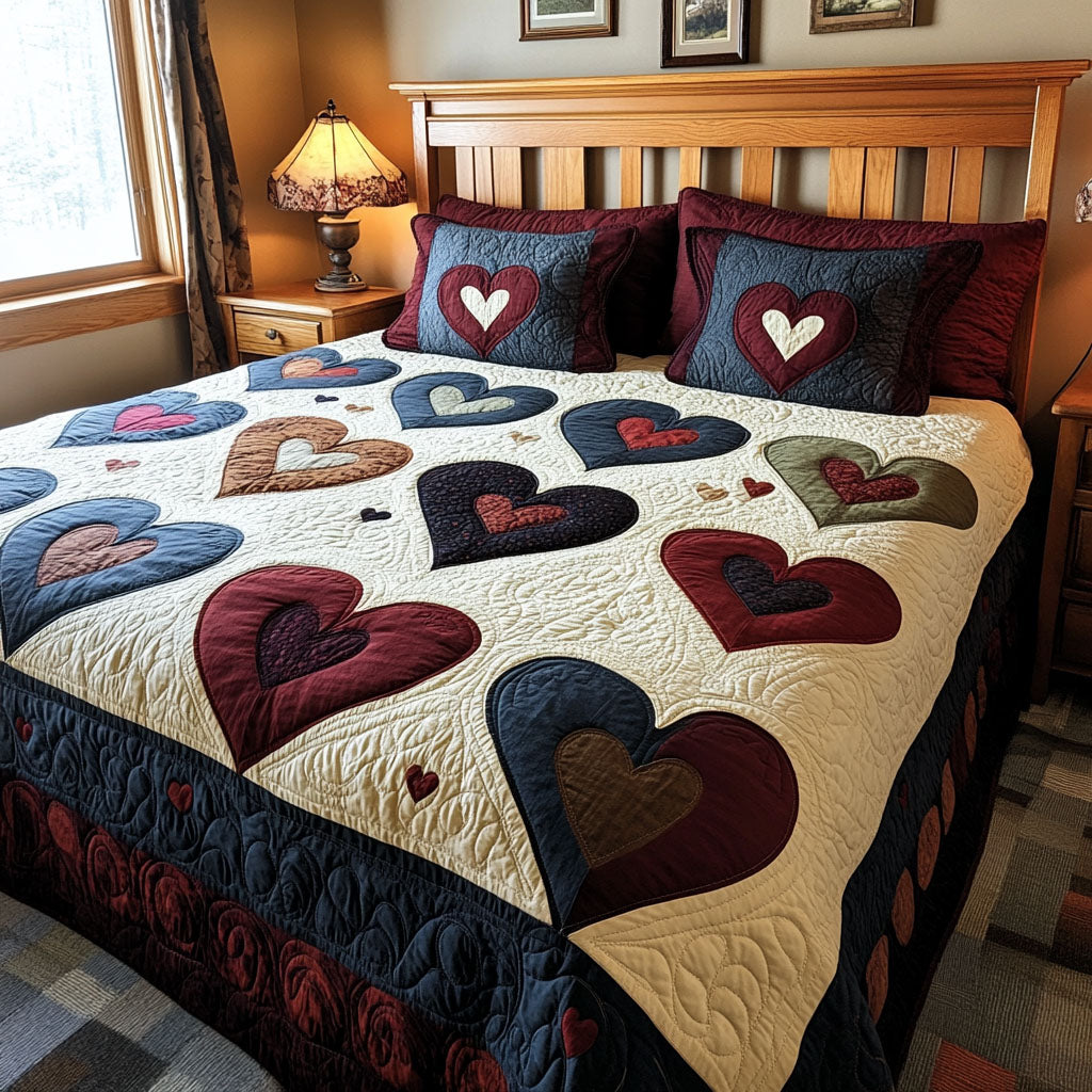 Patch Of Hearts Quilted Bedding Set Romantic Couple Bedspread Set Anniversary Gift