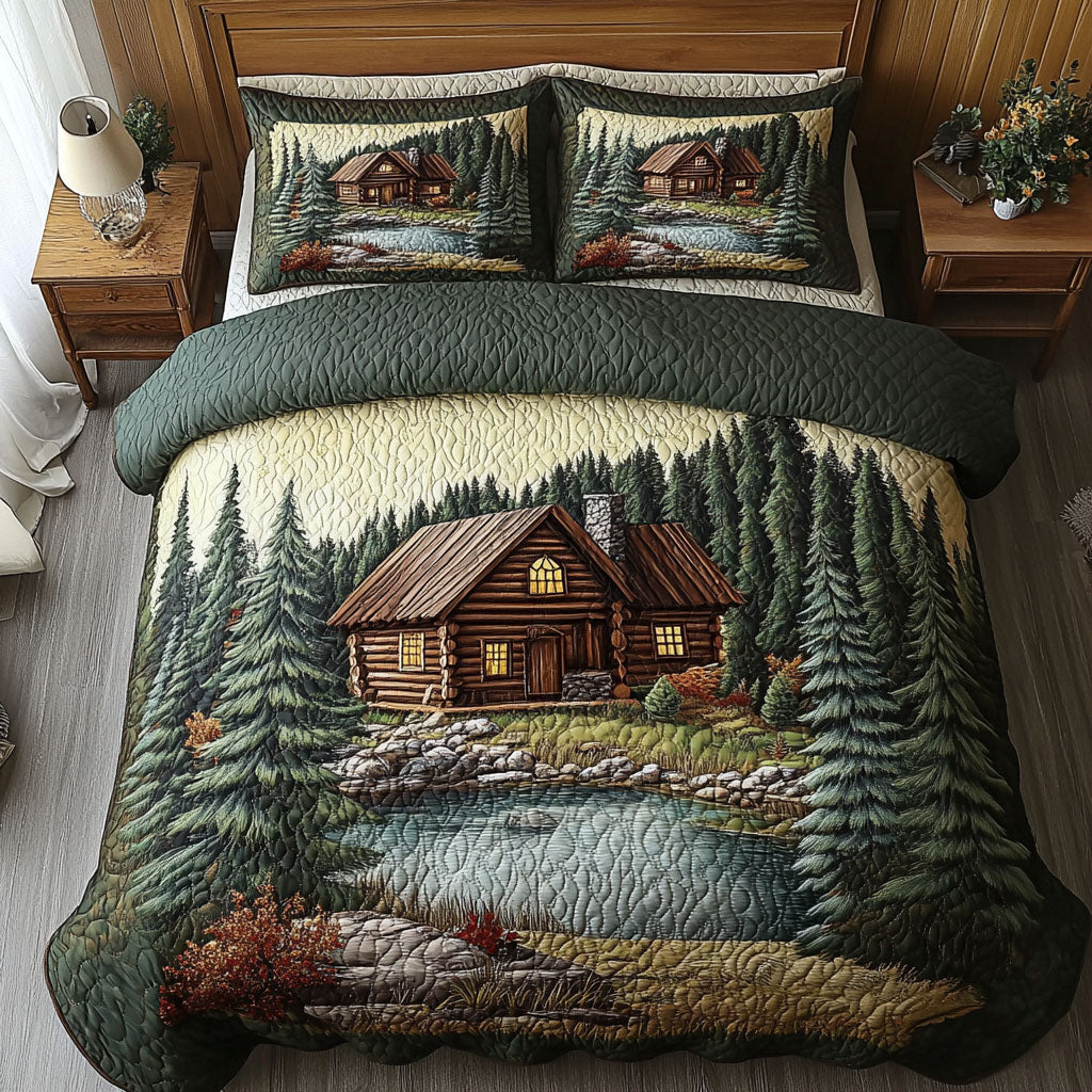 Mountain Log Cabin Quilted Bedding Set Cabin Lodge Bedspread Set Cabin Decor Gift