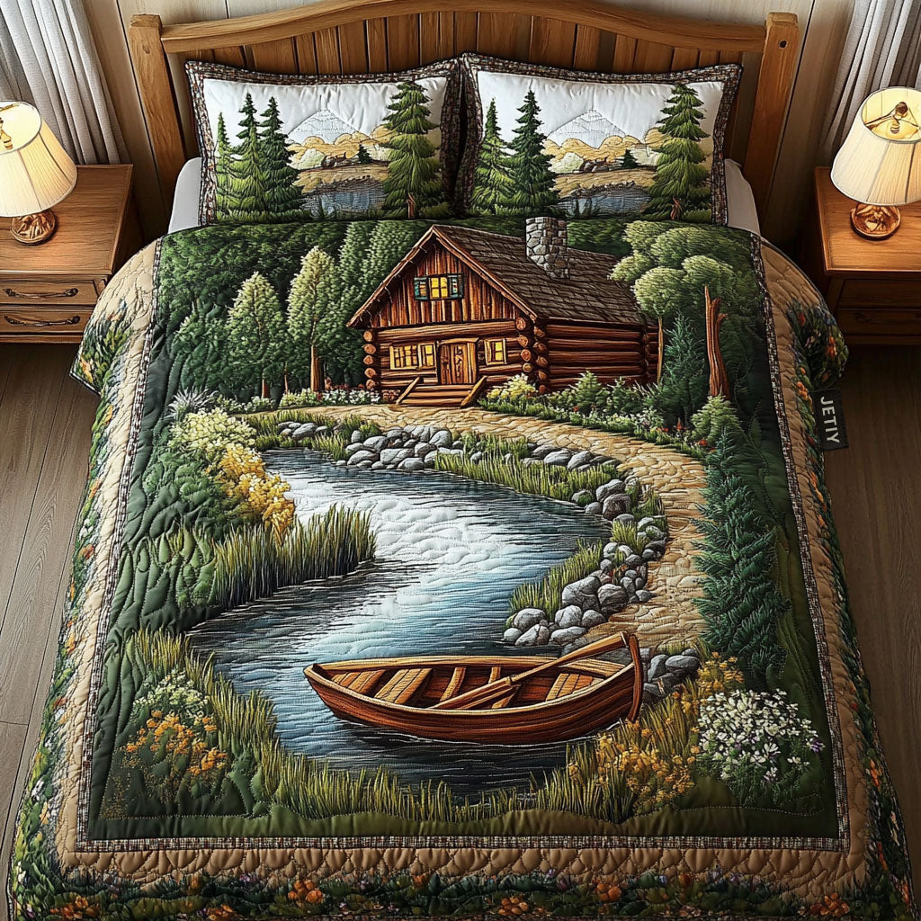 Riverside Cabin Boat Quilted Bedding Set Mountain Cabin Bedspread Set Outdoor Lover Gift