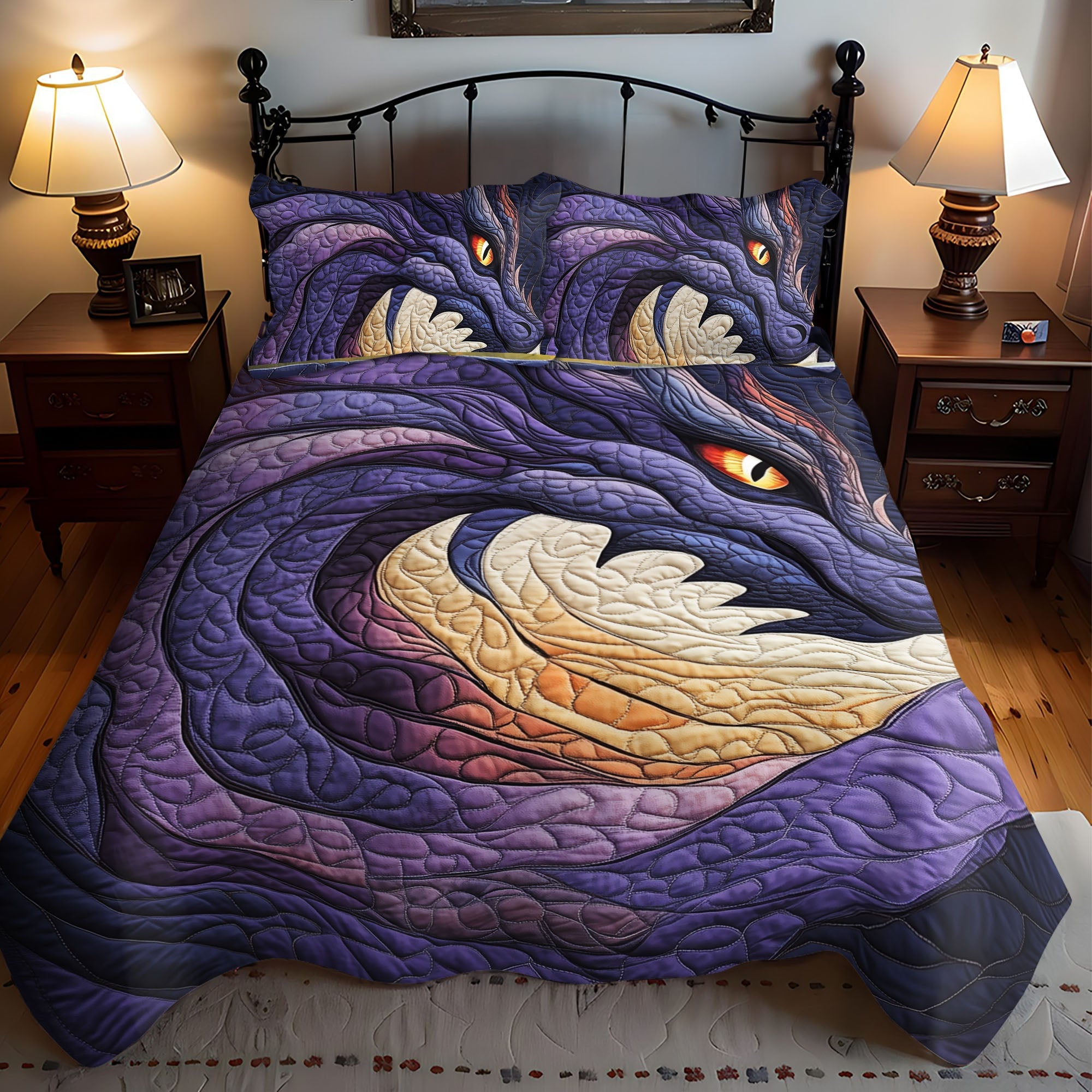 Mystic Flame Quilted Bedding Set Mystical Dragon Bedspread Set Book Lover Gift