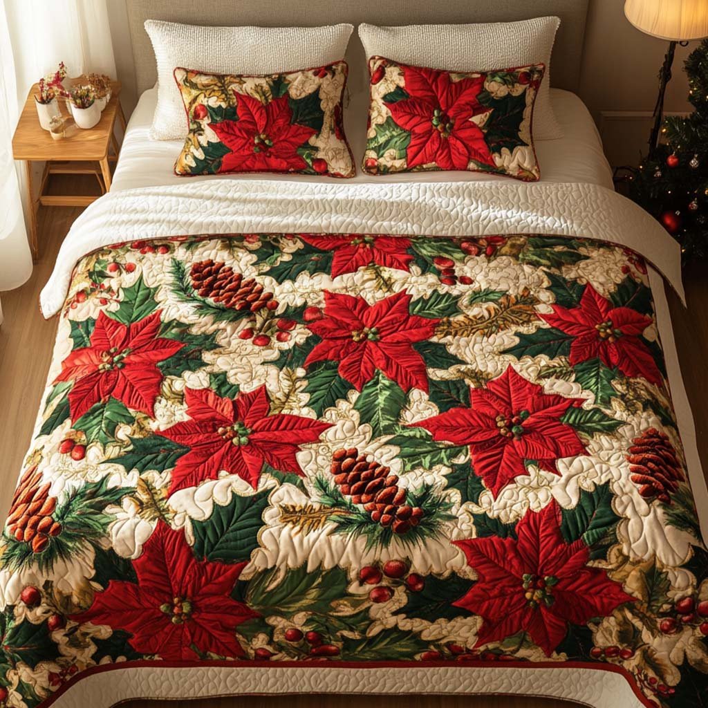 Winter Bloom Quilted Bedding Set Floral Cottage Bedspread Set Garden Lover Gift