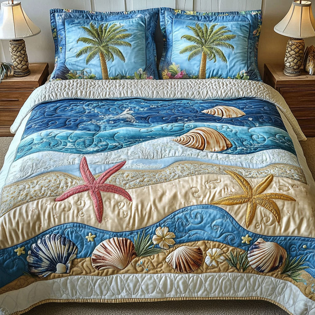 Aqua Drift Quilted Bedding Set Nautical Beach Bedspread Set Gift For Beach Lovers
