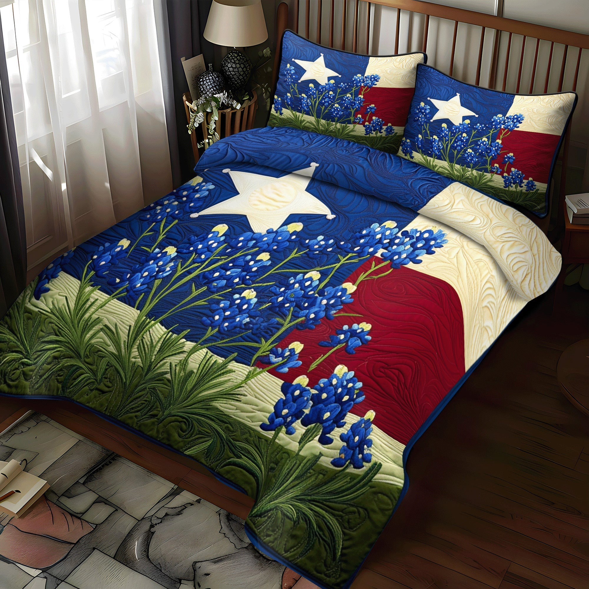 Bluebonnet Fields Quilted Bedding Set Lone Star Texas Bedspread Set Western Lover Gift