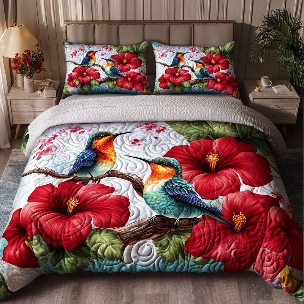 Crimson Blossom Pair Quilted Bedding Set Couple Love Bedspread Set Valentine Gift