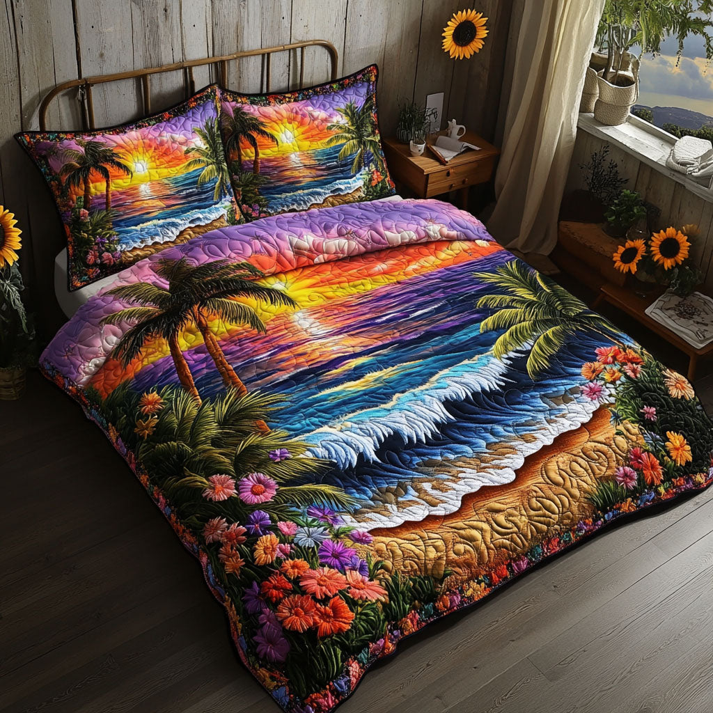Sunset Bliss Quilted Bedding Set Coastal Beach Bedspread Set Gift For Beach Lovers