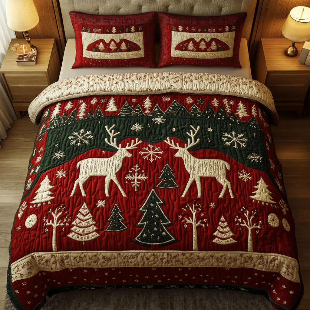 Reindeer Lodge Quilted Bedding Set Rustic Cabin Bedspread Set Outdoor Lover Gift