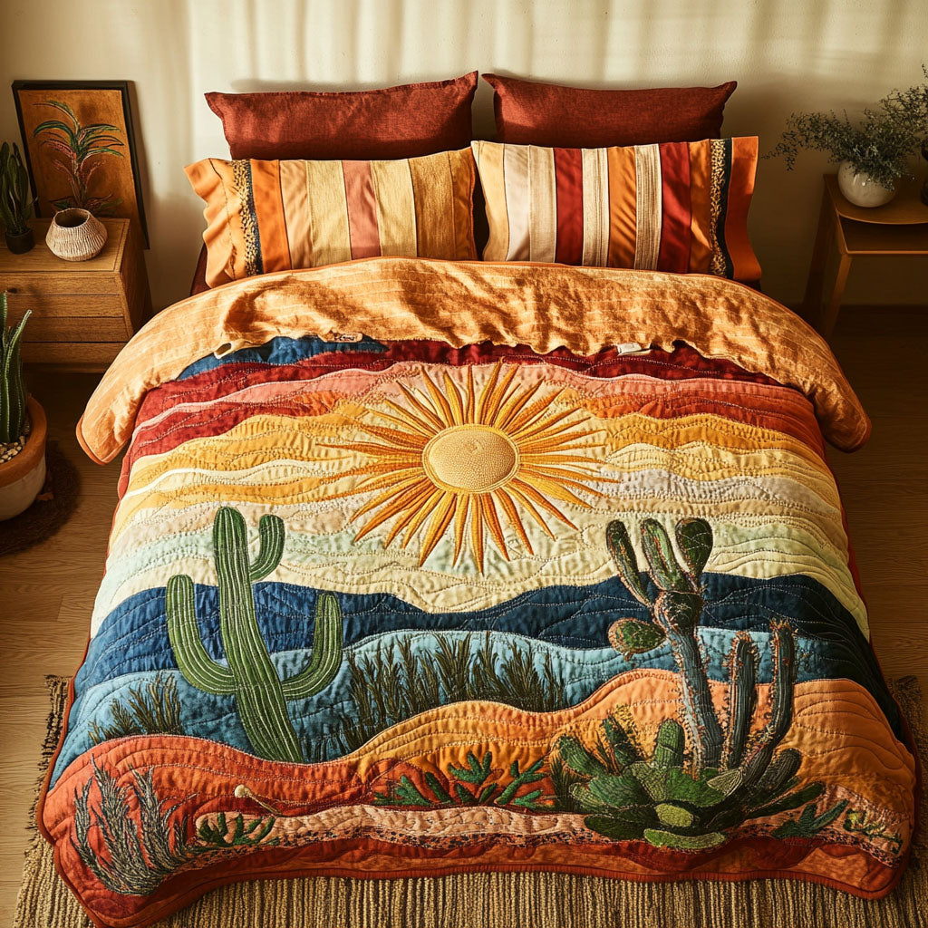 Cactus Sunset Quilted Bedding Set Desert Cactus Bedspread Set Bedroom Decor Gift