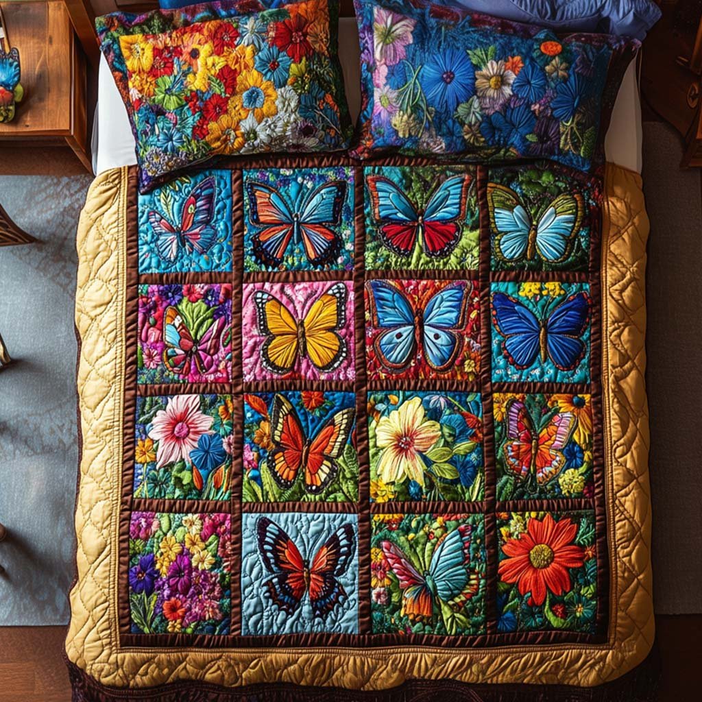 Butterfly Garden Whispers Quilted Bedding Set Floral Cottage Bedspread Set Gift For Mom