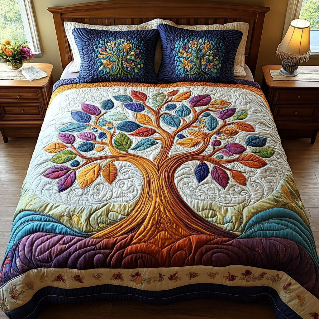 Life Circle Quilted Bedding Set Boho Tree Bedspread Set Spiritual Gift
