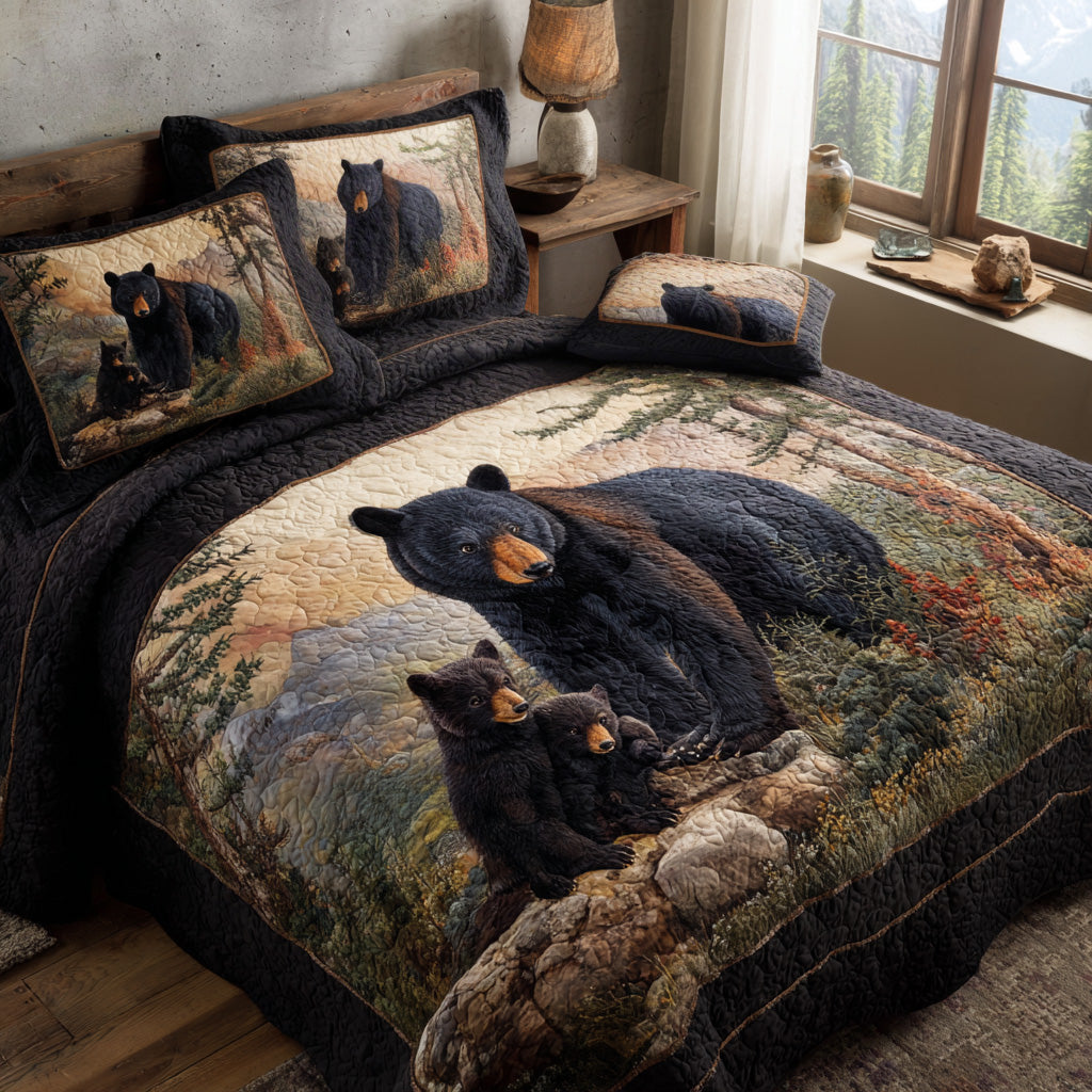 Forest Path Black Bear Quilted Bedding Set Rustic Bear Bedspread Set Cabin Decor Gift