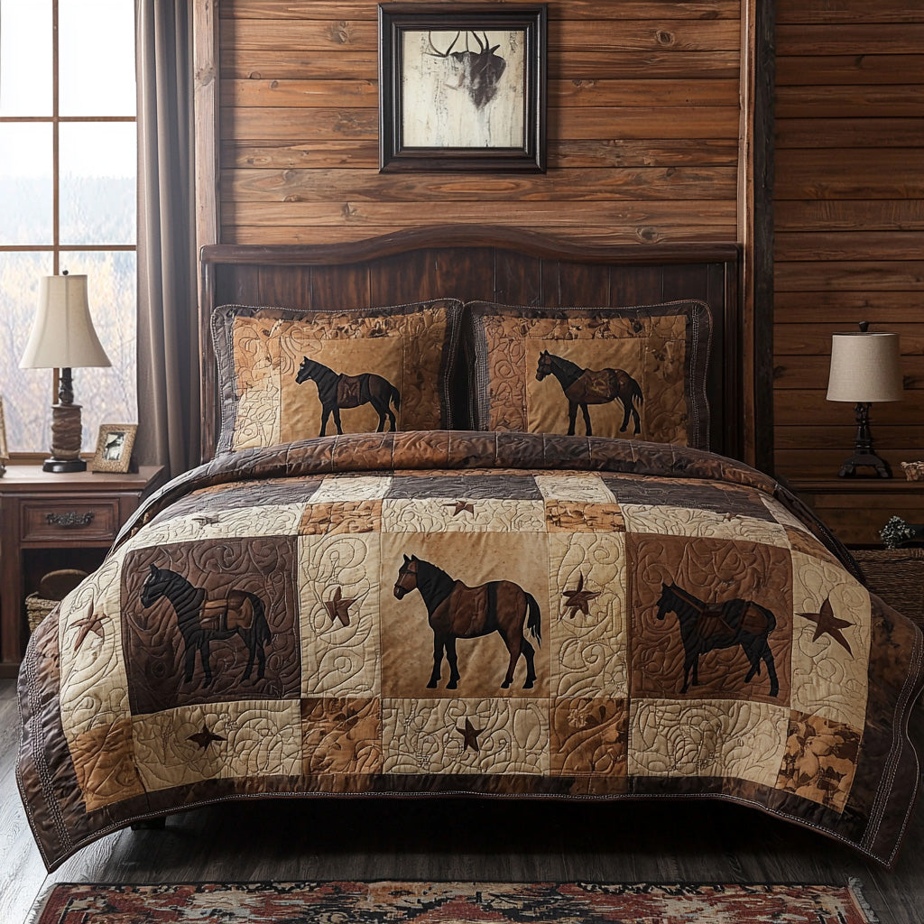 Wild Mustang Quilted Bedding Set Outdoor Nature Bedspread Set Cabin Decor Gift