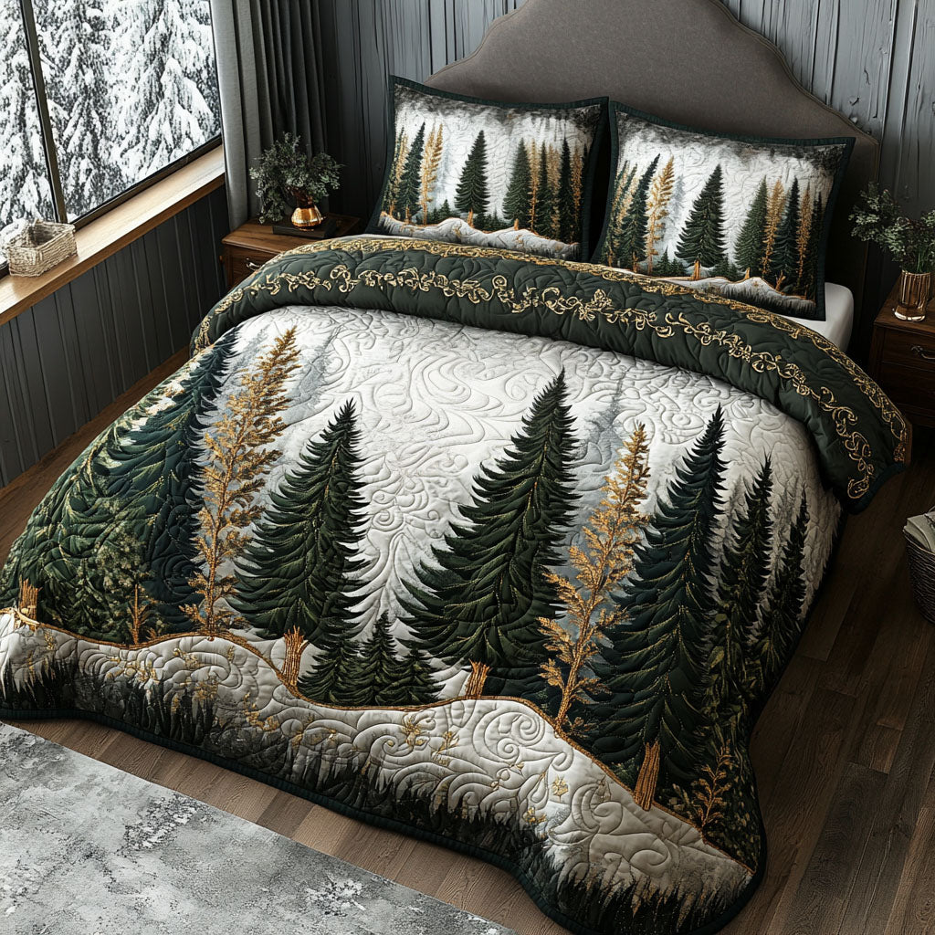 Winter Forest Path Quilted Bedding Set Frosty Winter Bedspread Set Holiday Gift