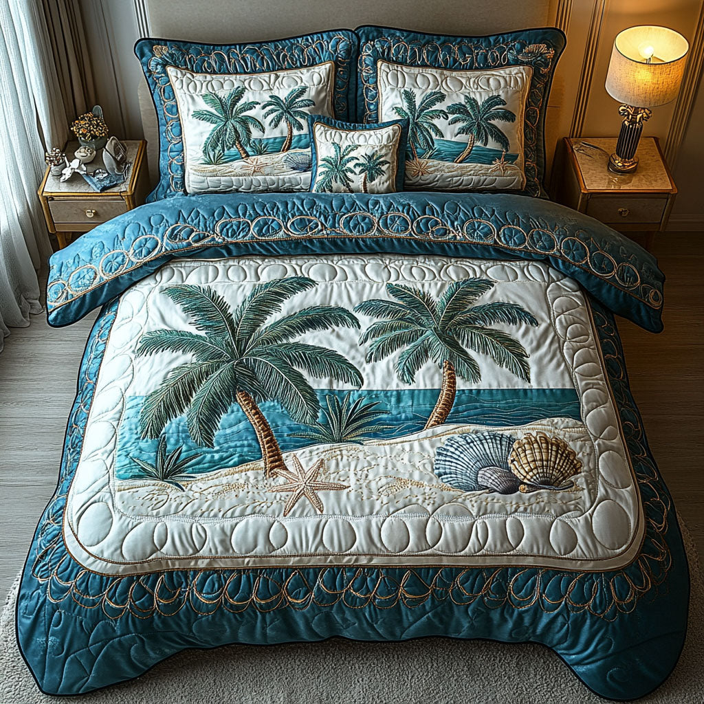 Seashells Palm Quilted Bedding Set Aloha Hawaii Bedspread Set Beach Lover Gift