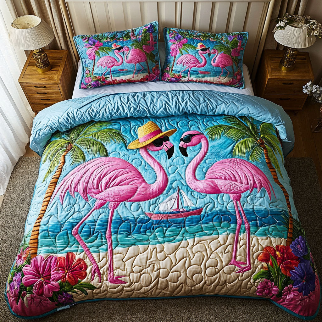 Flamingo Paradise Quilted Bedding Set Tropical Flamingo Bedspread Set Beach Lover Gift