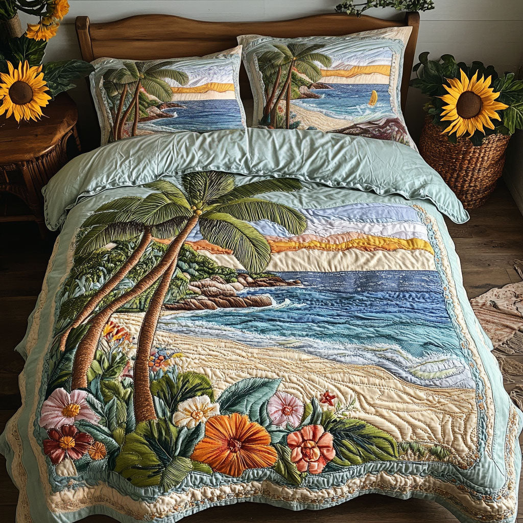 Palm Serenity Quilted Bedding Set Hawaiian Hibiscus Bedspread Set Tropical Gift