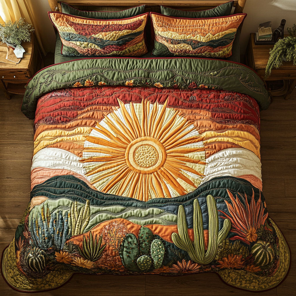 Cactus Sunset Quilted Bedding Set Desert Cactus Bedspread Set Western Lover Gift