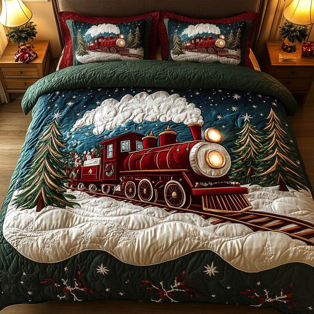 Christmas Caboose Quilted Bedding Set Vintage Train Bedspread Set Holiday Gift