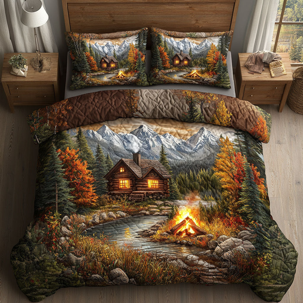 Cabin Campfire Mountains Quilted Bedding Set Cabin Lodge Bedspread Set Lake House Gift