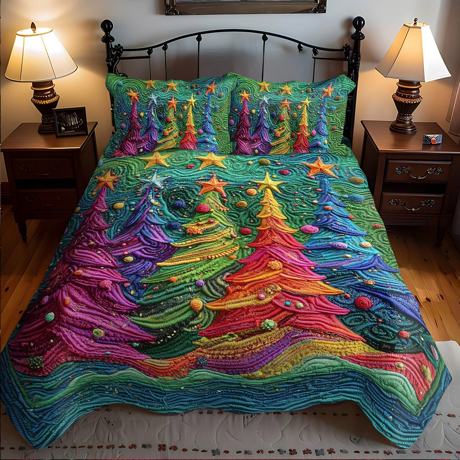 Christmas Star Pines Quilted Bedding Set Winter Pine Bedspread Set Family Gift