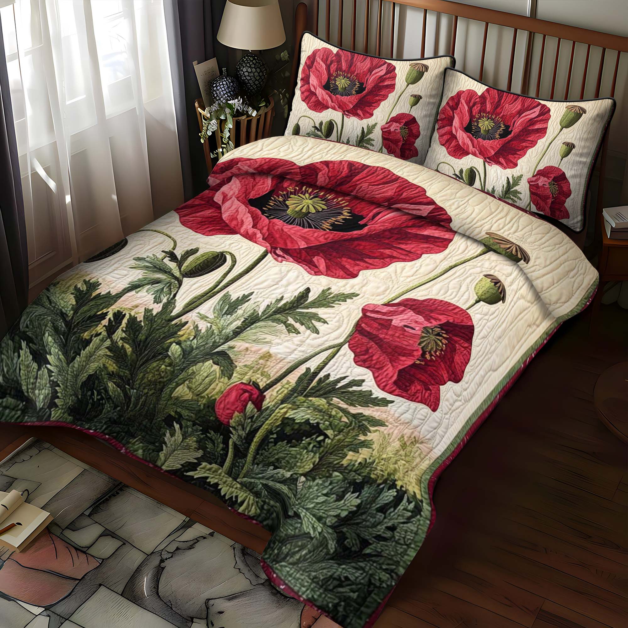 Summer Poppy Field Quilted Bedding Set Vintage Floral Bedspread Set Garden Lover Gift