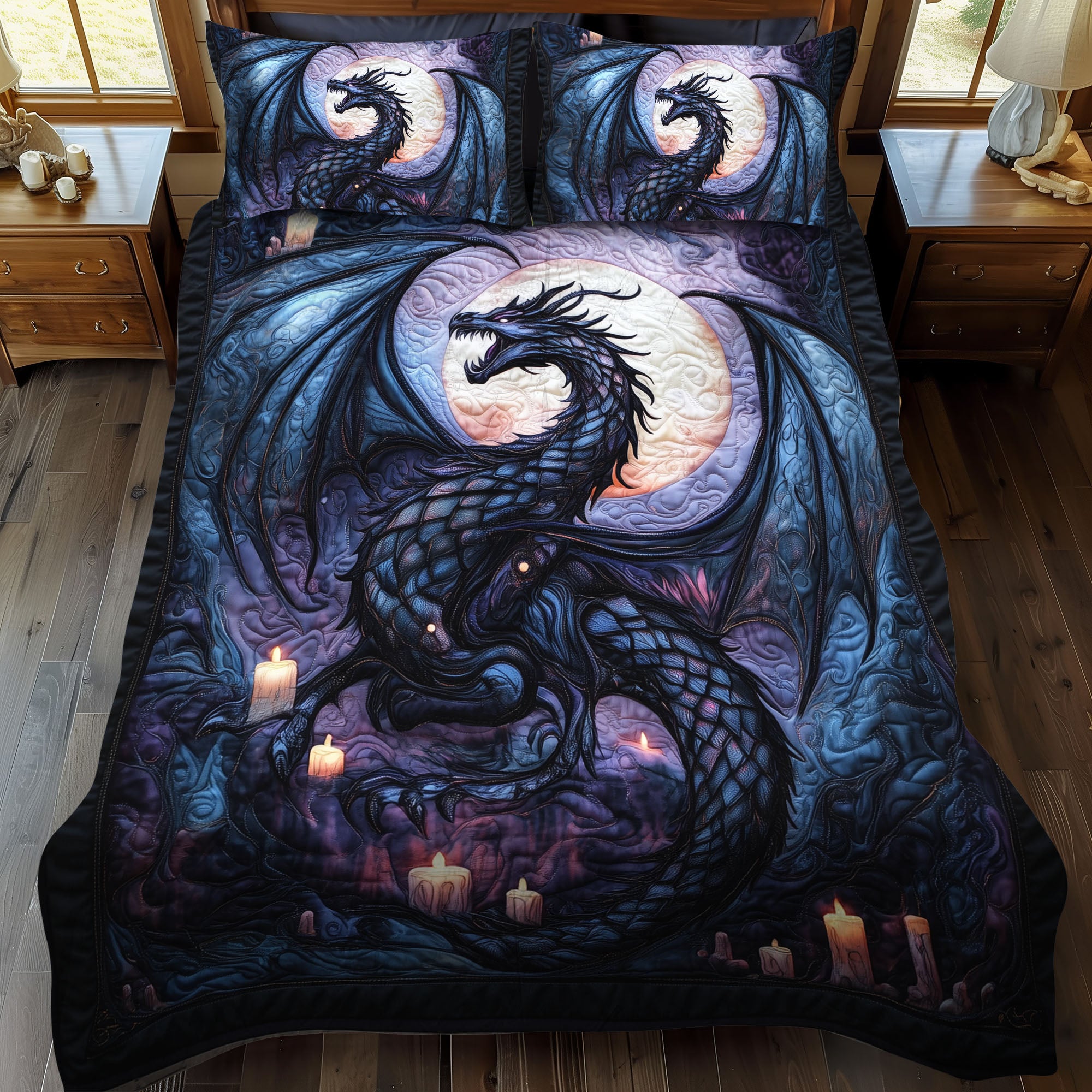 Twilight Serpent Quilted Bedding Set Book Dragon Bedspread Set Gift For Dragon Lovers
