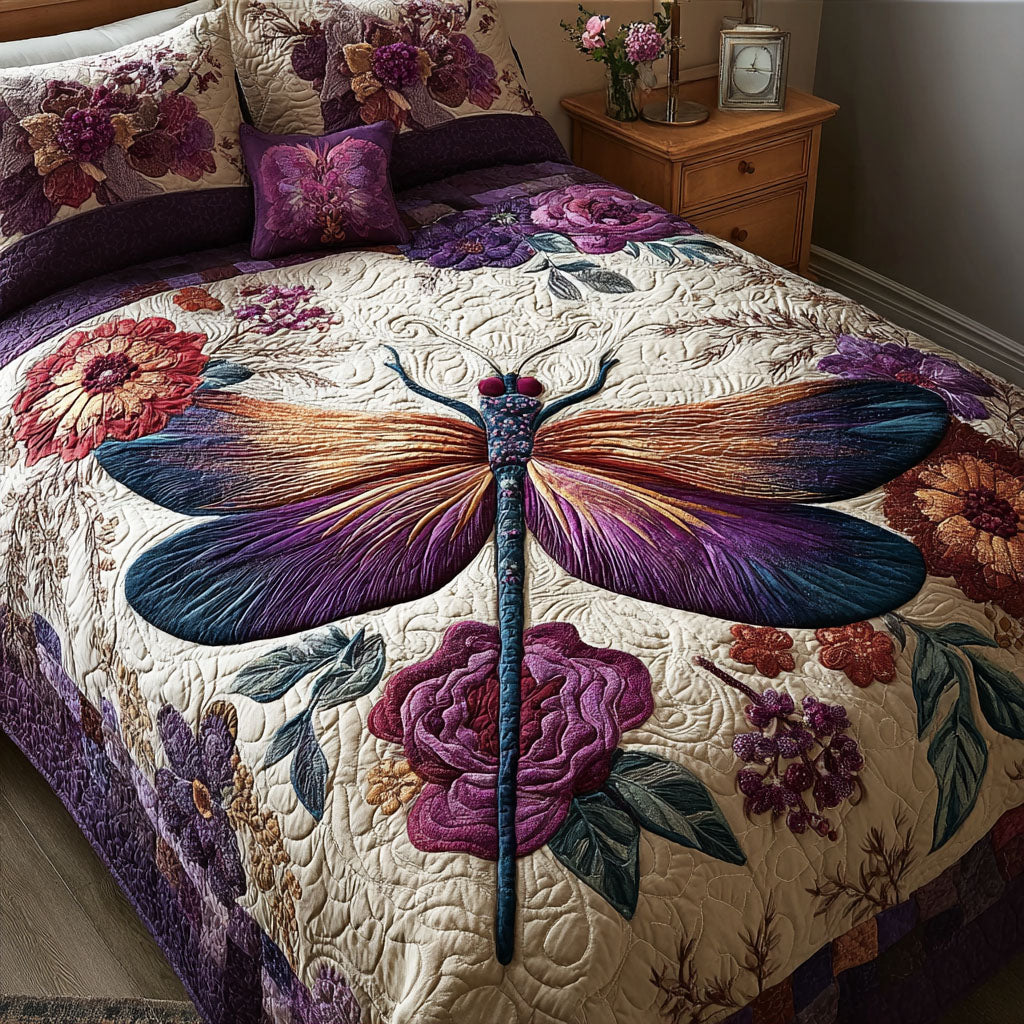 Magic Dragonfly Quilted Bedding Set Dragonfly Garden Bedspread Set Nature Lover Gift