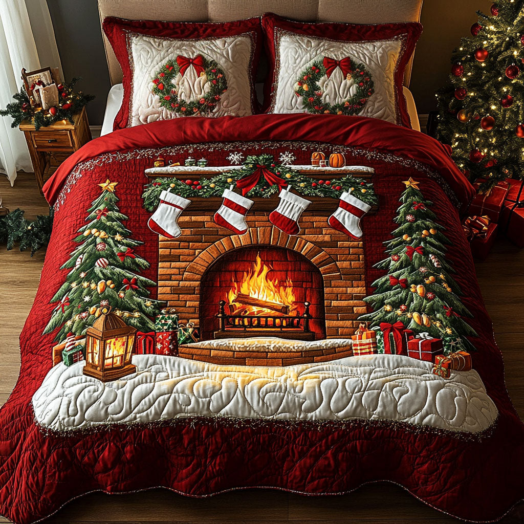 Festive Hearth Quilted Bedding Set Farmhouse Christmas Bedspread Set Holiday Gift