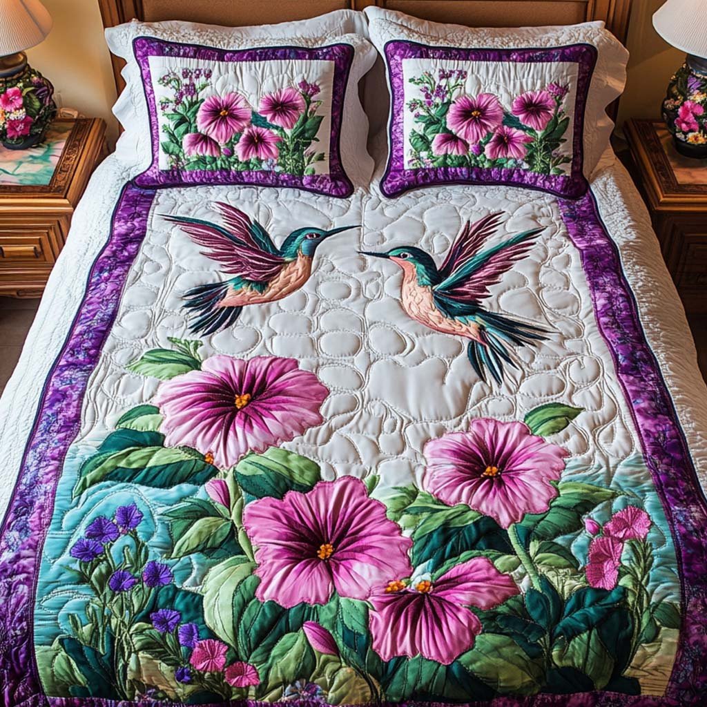 Hummingbird Harmony Quilted Bedding Set Hummingbird Garden Bedspread Set Garden Lover Gift