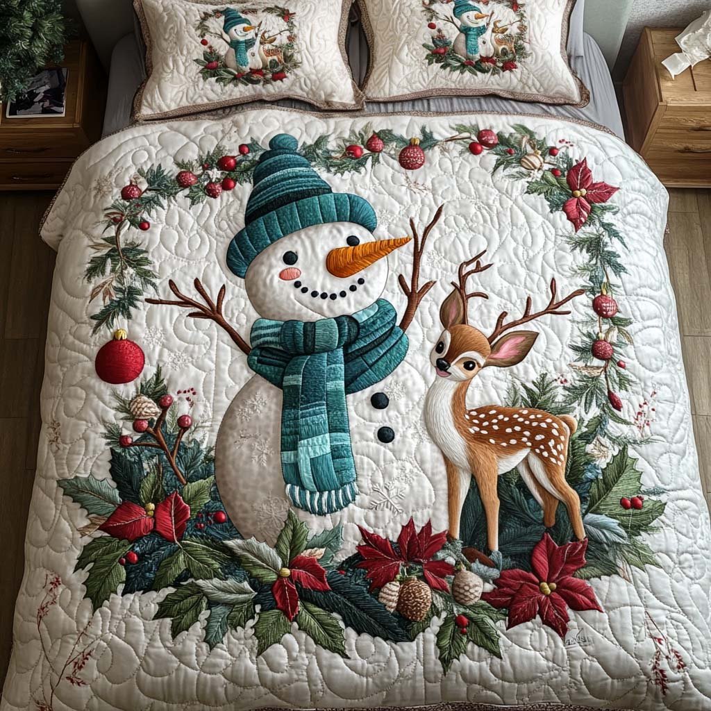 Woodland Frost Quilted Bedding Set Snowflake Winter Bedspread Set Family Gift