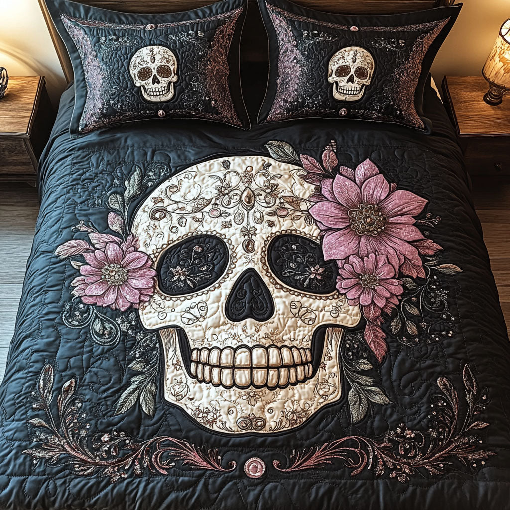 Artistic Skull Quilted Bedding Set Gothic Skull Bedspread Set Halloween Gift