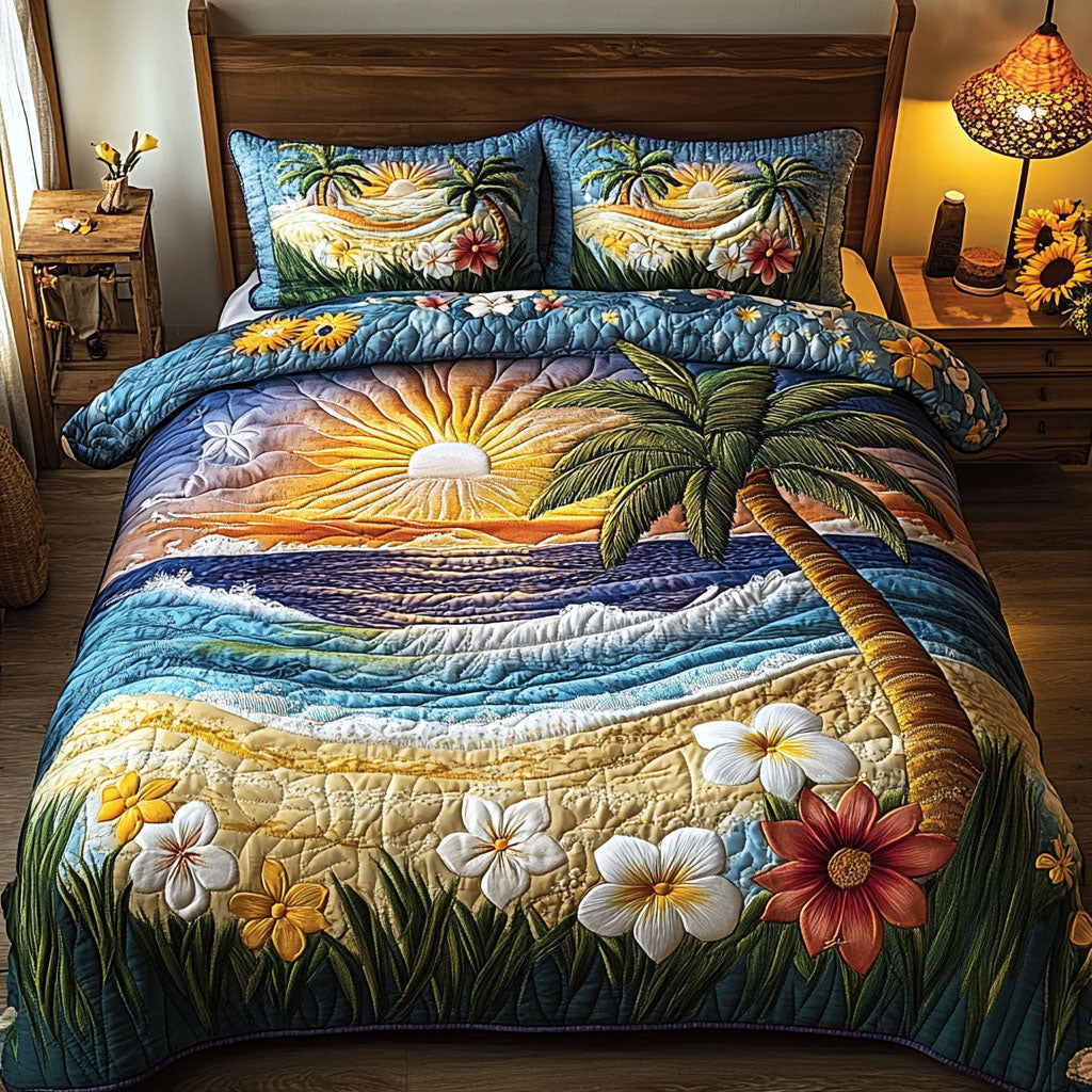 Tranquil Waves Quilted Bedding Set Ocean Coastal Bedspread Set Gift For Beach Lovers