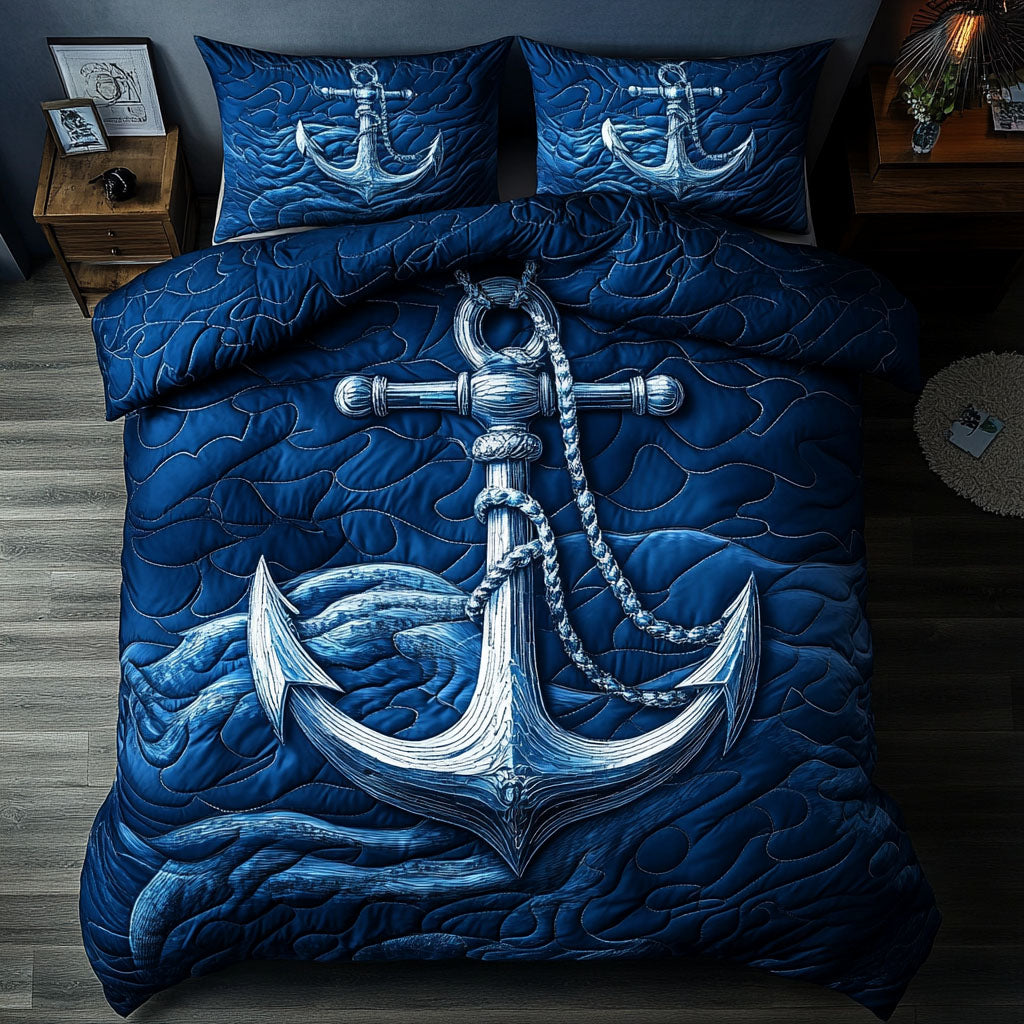 Deep Blue Anchor Quilted Bedding Set Ocean Coastal Bedspread Set Beach Lover Gift