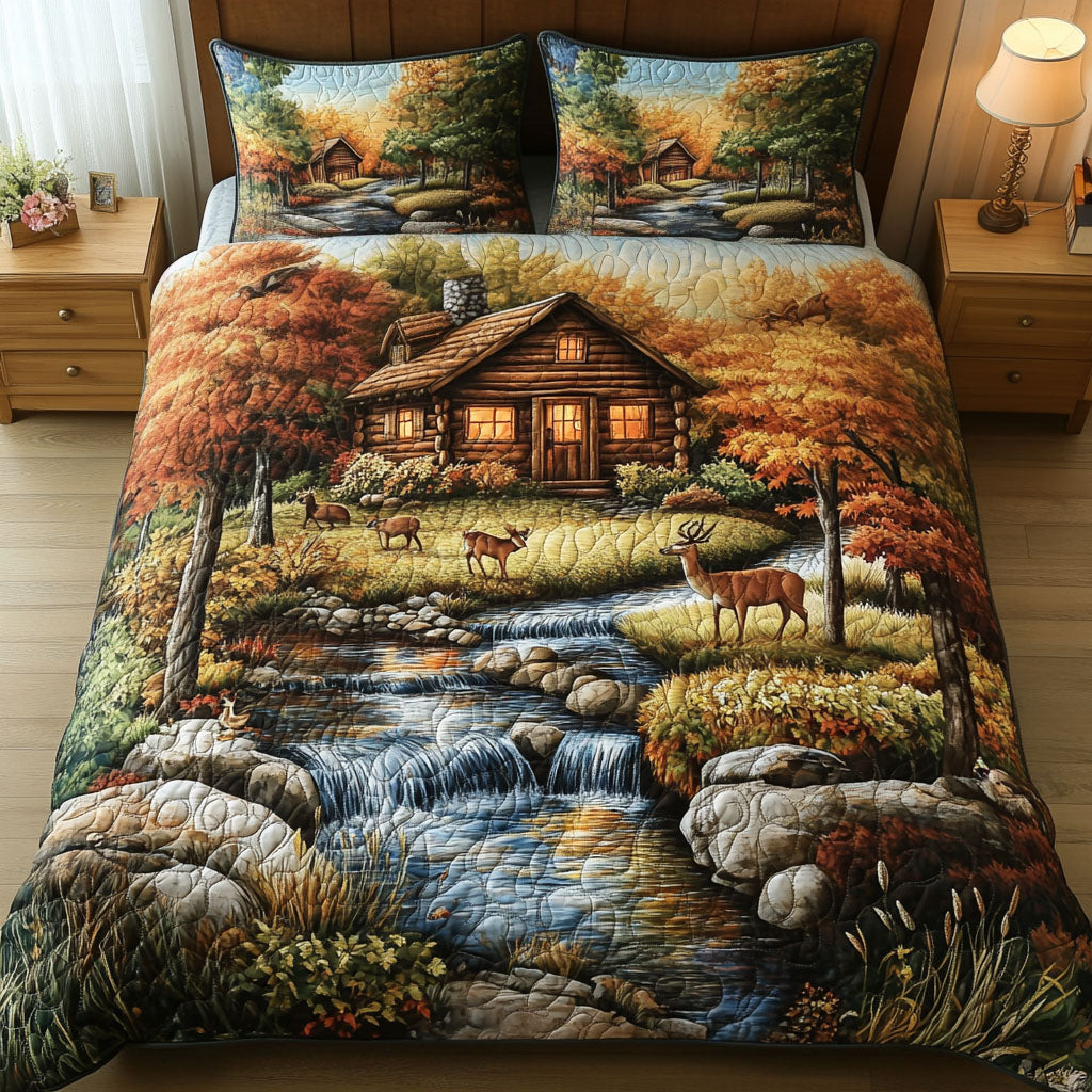 Cabin And Deer Quilted Bedding Set Mountain Cabin Bedspread Set Cabin Decor Gift