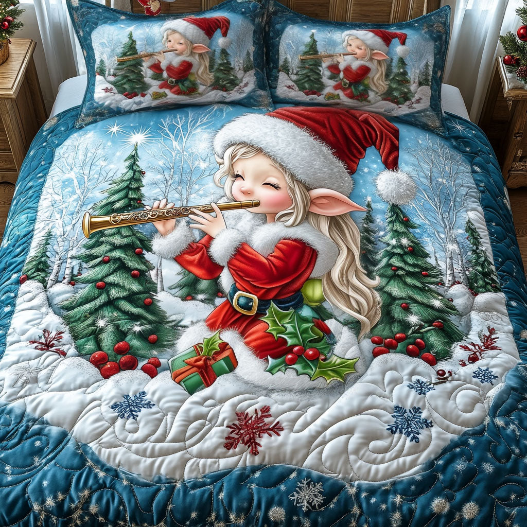 Festive Flute Elf Quilted Bedding Set Jolly Santa Bedspread Set Xmas Gift