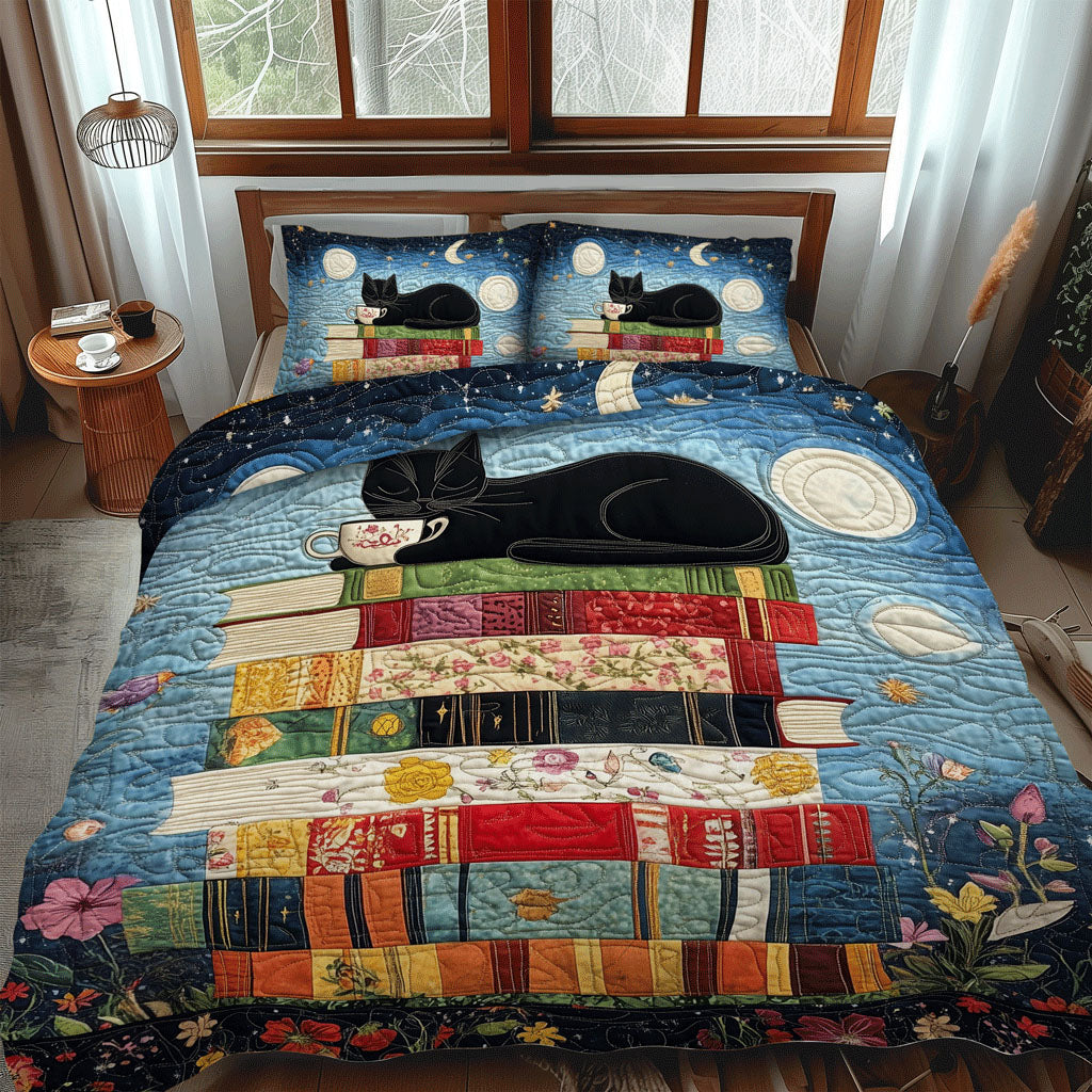 Catnap On Books Quilted Bedding Set Cute Kitty Bedspread Set Cat Mom Gift