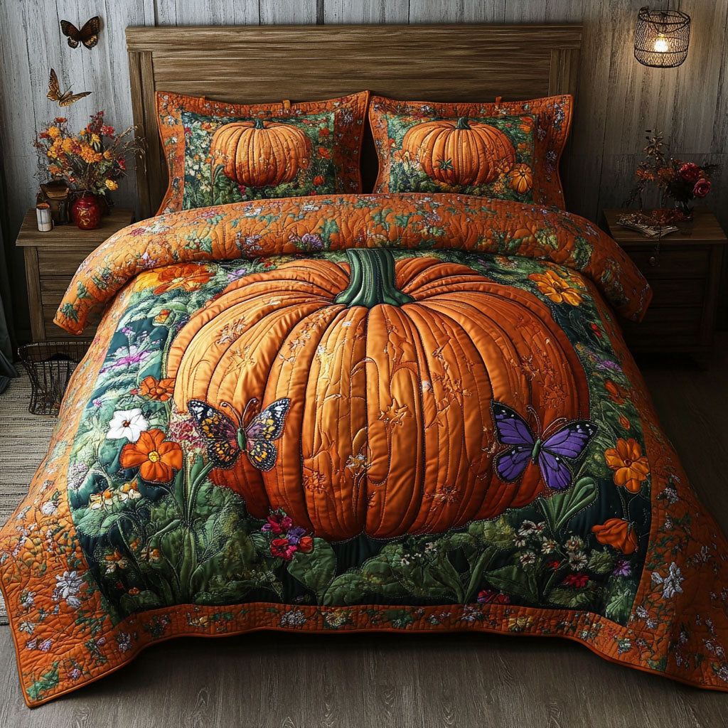 Pumpkin Meadow Quilted Bedding Set Fall Pumpkin Bedspread Set Thanksgiving Gift